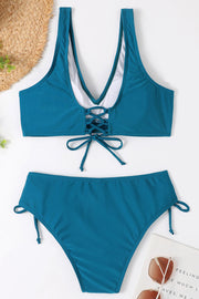 Ruched Lace-Up Wide Strap Two-Piece Bikini Set