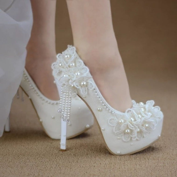 Rhinestone Lace, Flower Tassel High Heels