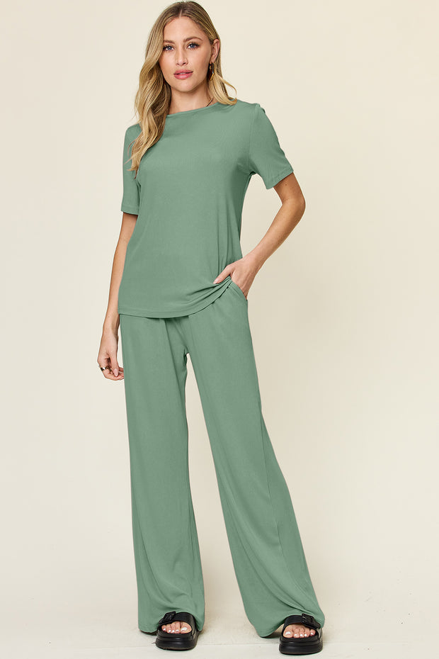 Double Take Full Size Round Neck Short Sleeve T-Shirt and Wide Leg Pants Set