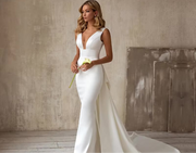 Elegant satin V-neck Detachable Bow Mermaid Wedding Dress