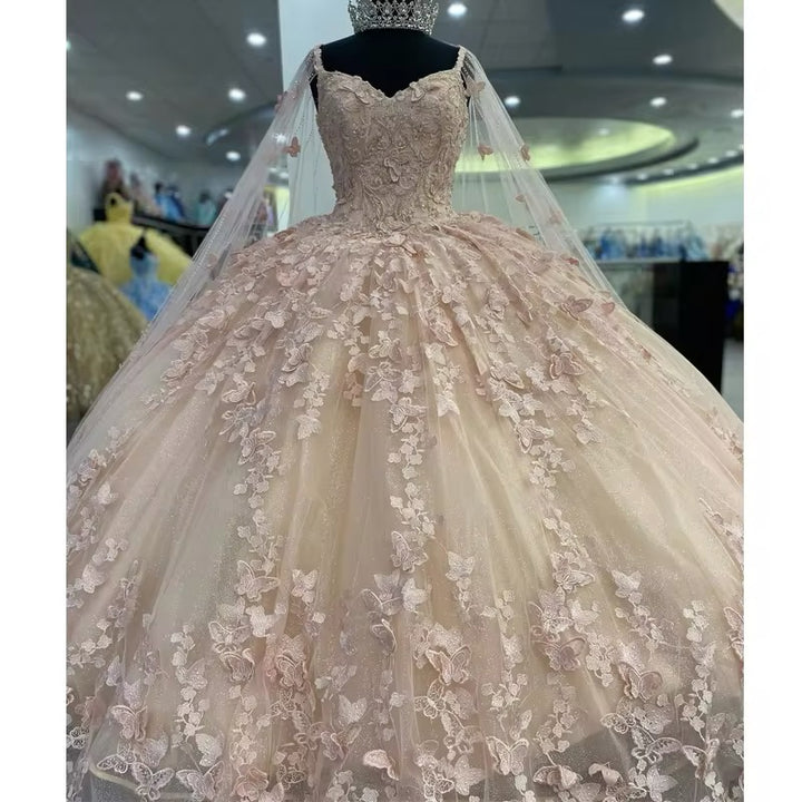 Lace Butterfies Princess Quinceanera Dress With Cape