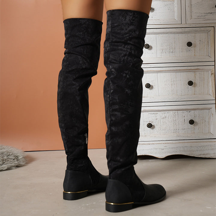 Women Suede Stitch Low-heel Long Boots With Side Zipper Design Over-the-knee Boots