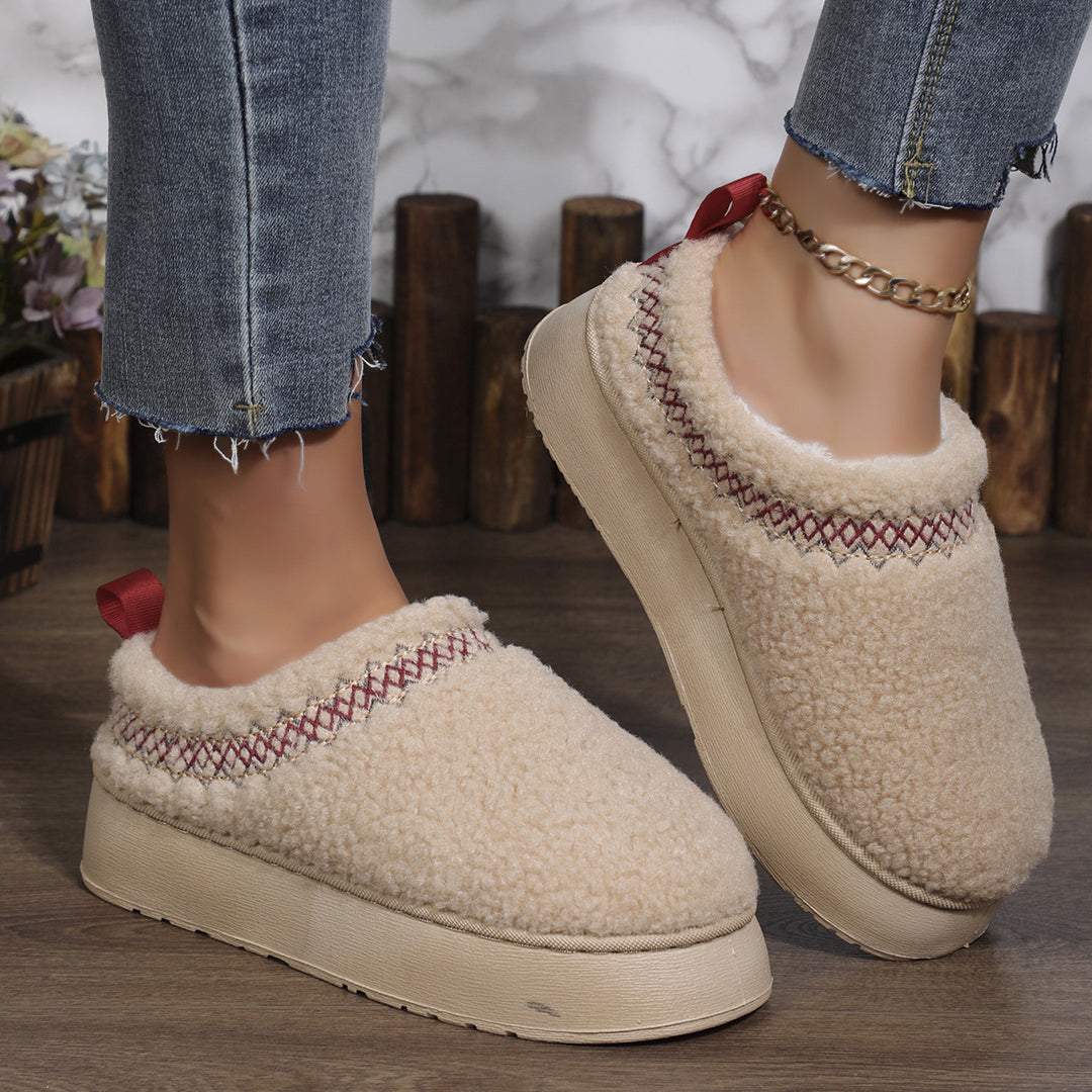 Decorative Stitch Plush  Thick-soled Indoor Outdoor Slippers