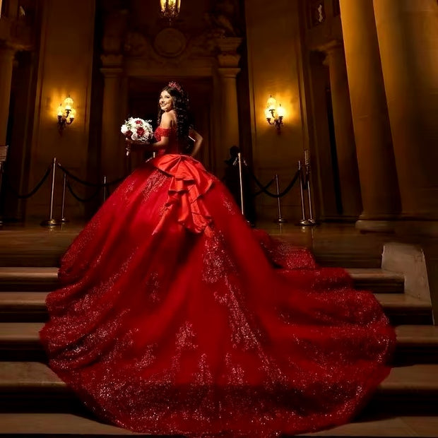 Elegant, off shoulder sparkle red dress with bow back and long train