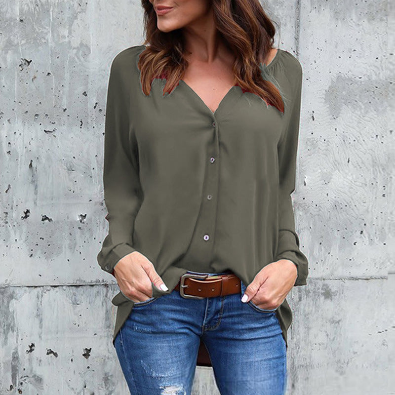 V-neck pleated button shirt