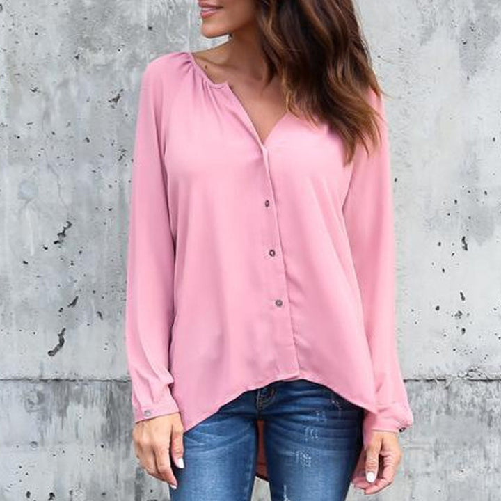 V-neck pleated button shirt