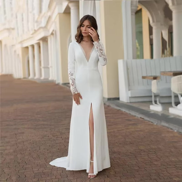 Long sleeve front slit V-neck Mermaid Wedding Dress