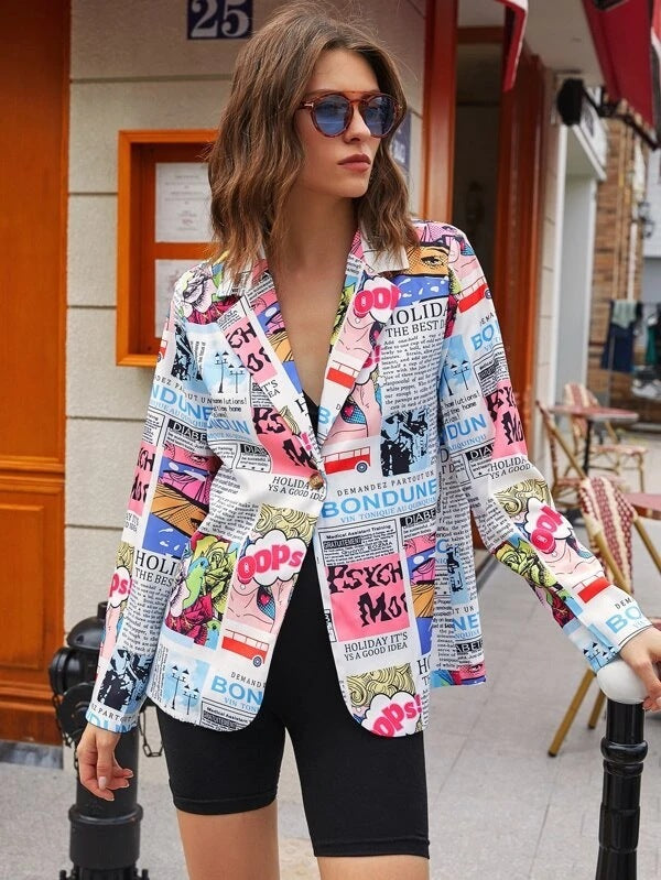 Fashion Print One Button Single Layer Suit Jacket