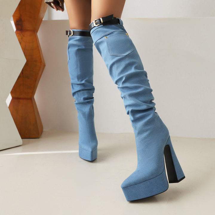 Women's Pointed Toe Platform Chunky Heel Denim Straight Over Knee Boots