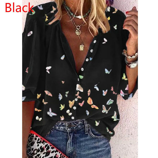 Butterfly Print Button Stand Collar Shirt