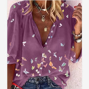 Butterfly Print Button Stand Collar Shirt
