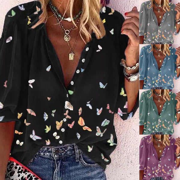 Butterfly Print Button Stand Collar Shirt