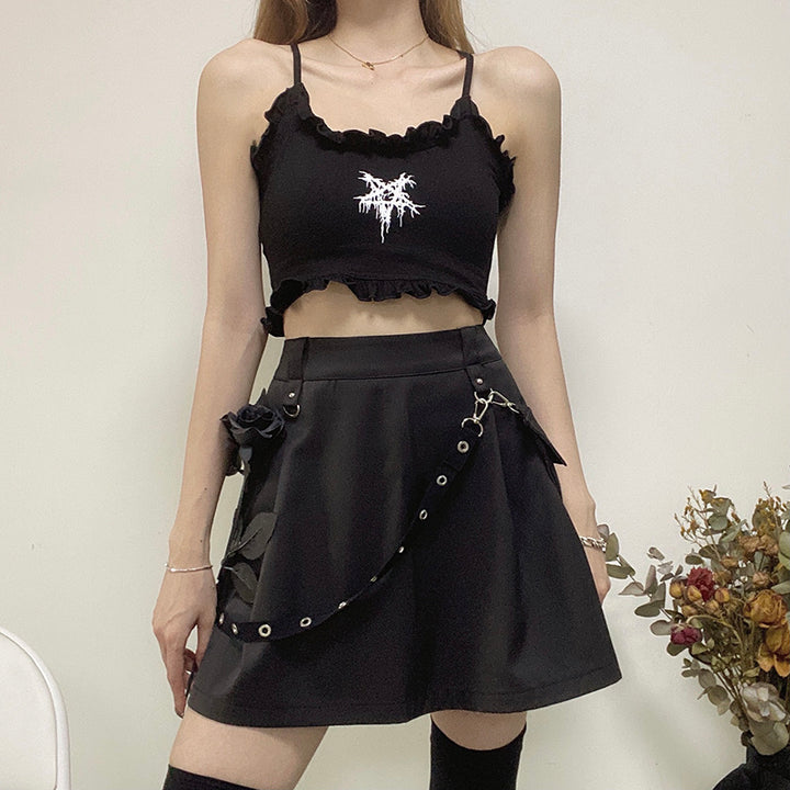 High Waist Strap Zipper Pleated Skirt