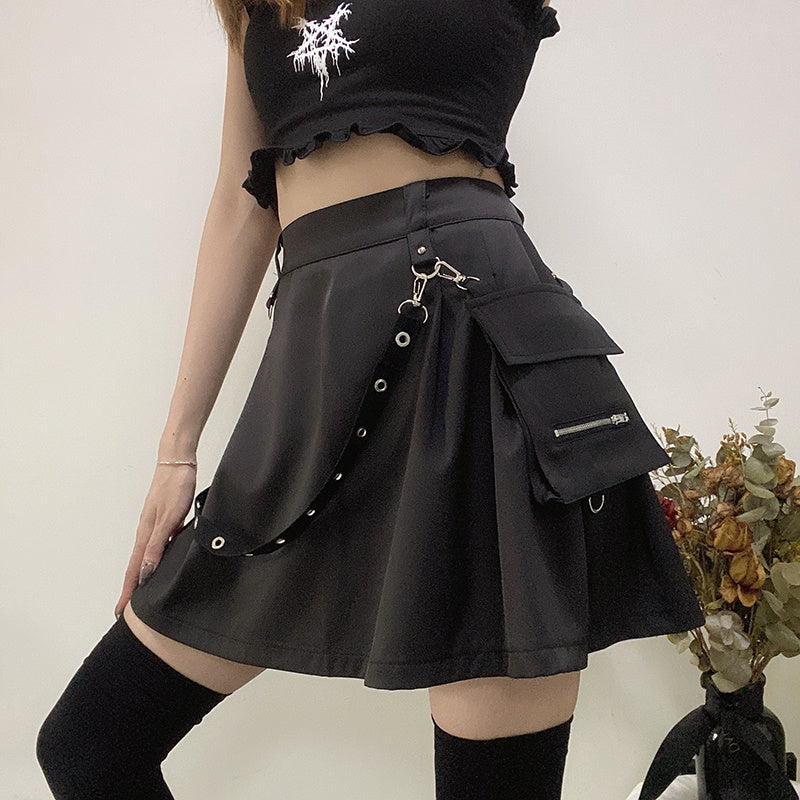 High Waist Strap Zipper Pleated Skirt