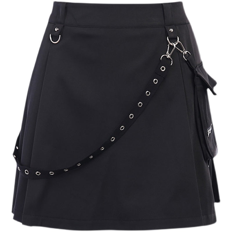 High Waist Strap Zipper Pleated Skirt