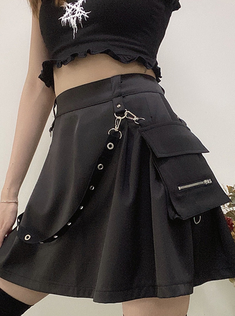 High Waist Strap Zipper Pleated Skirt