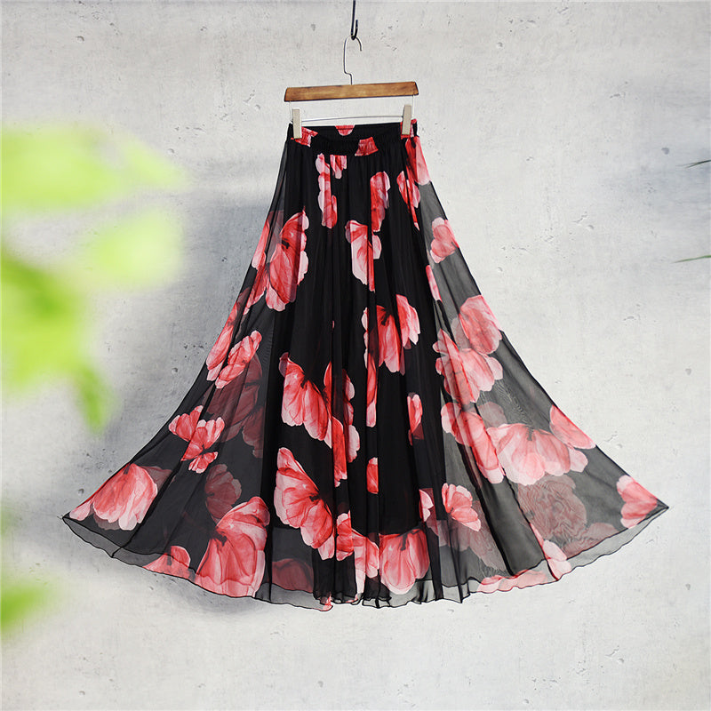 Bohemian Print Long Floral  Chiffon Skirt