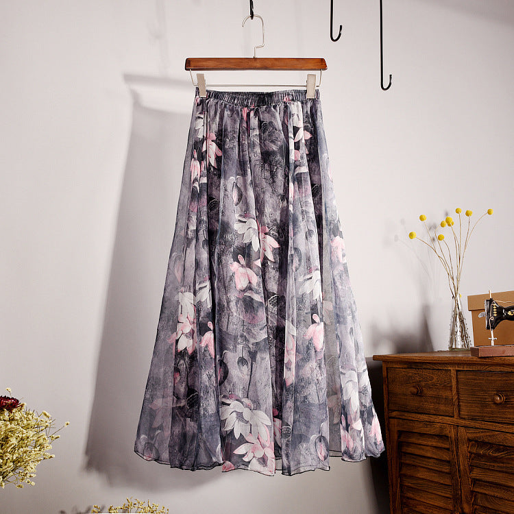 Bohemian Print Long Floral  Chiffon Skirt