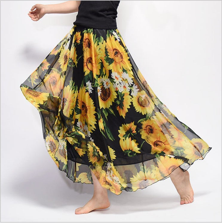 Bohemian Print Long Floral  Chiffon Skirt