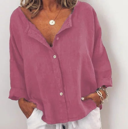 Ladies Linen Contrast Button Collarless Shirt