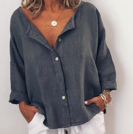 Ladies Linen Contrast Button Collarless Shirt