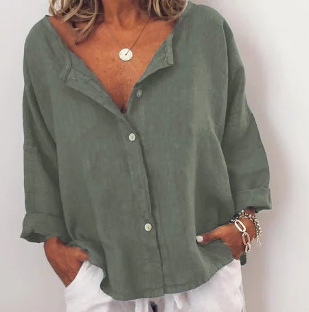 Ladies Linen Contrast Button Collarless Shirt