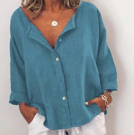 Ladies Linen Contrast Button Collarless Shirt