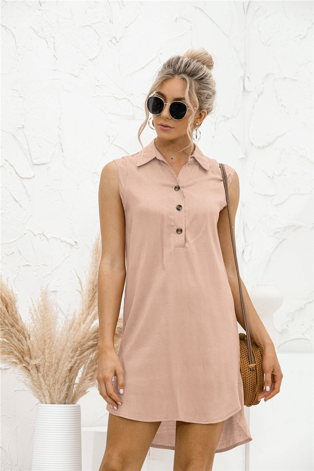 Lapel Button Slit Vest Shirt Dress