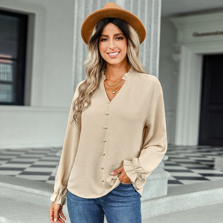 Women's V-Neck Button-Down Solid Color Shirt