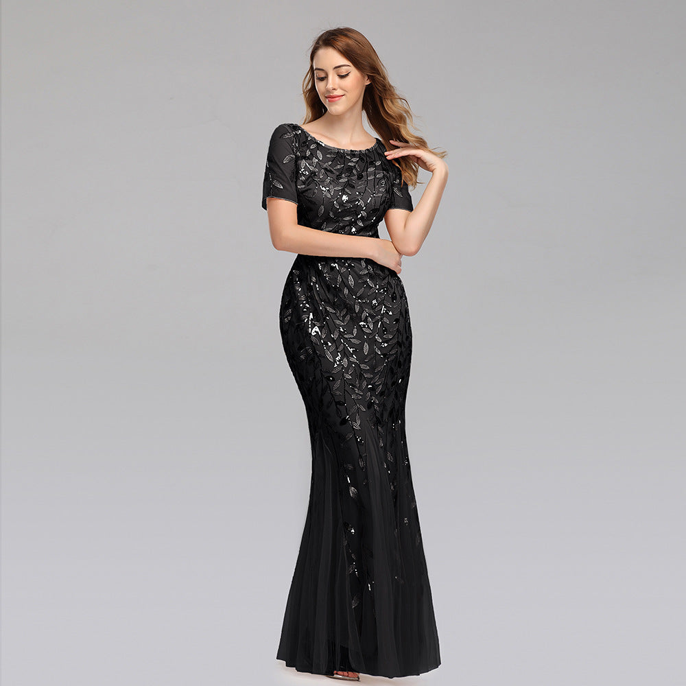 Gauze Sequin Fishtail Evening Dress