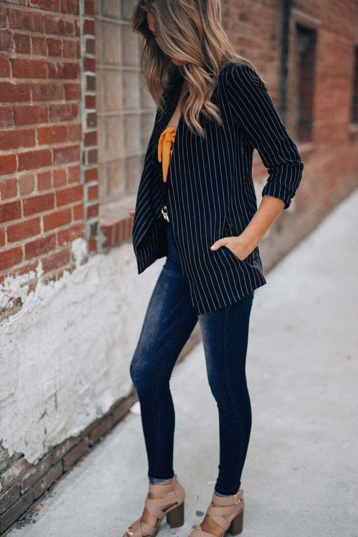 British style striped denim blazer