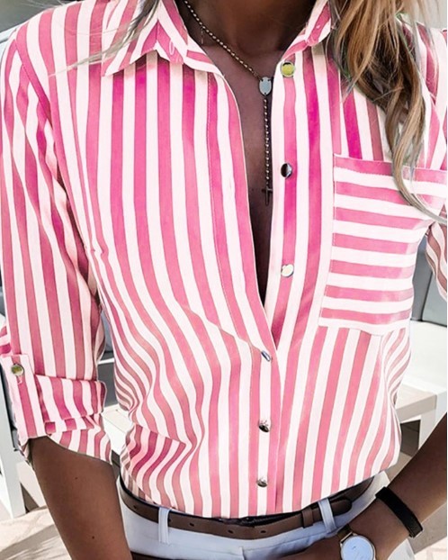 Button Stripe Print Women's Shirt