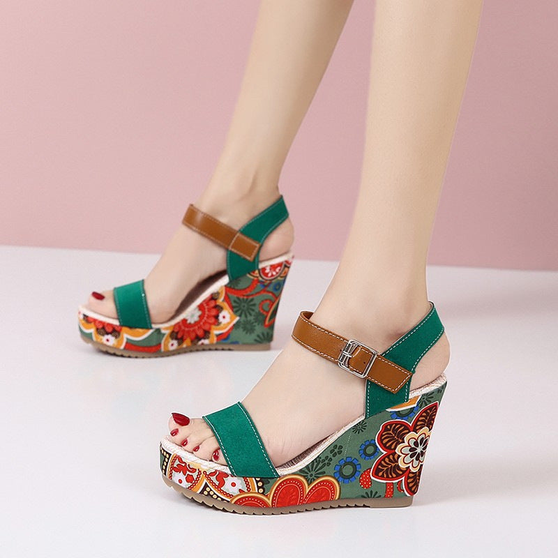 Flowers Embroidered High Wedge Sandals