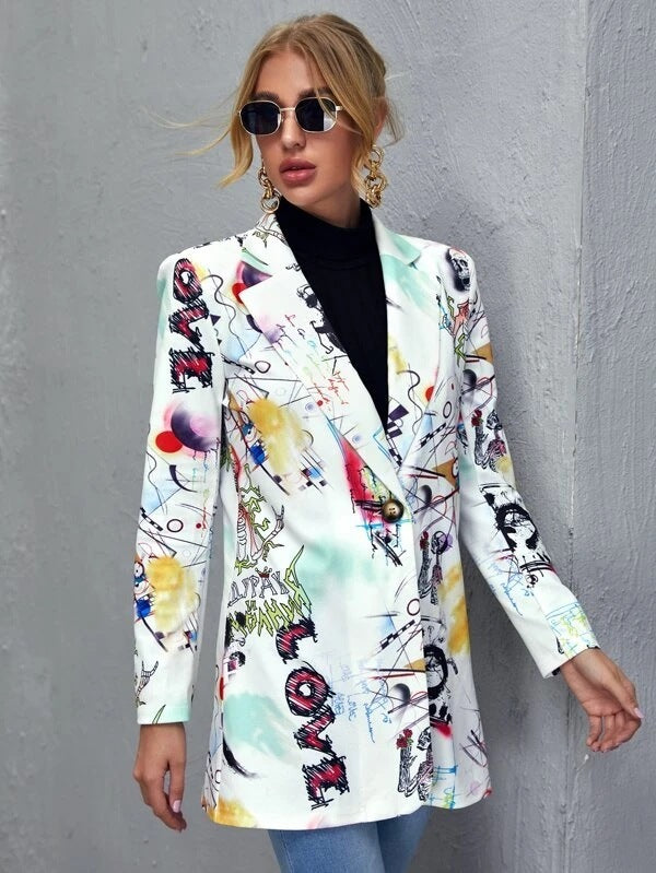 Fashion Print One Button Single Layer Suit Jacket