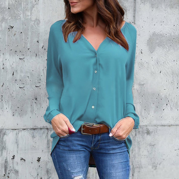 V-neck pleated button shirt