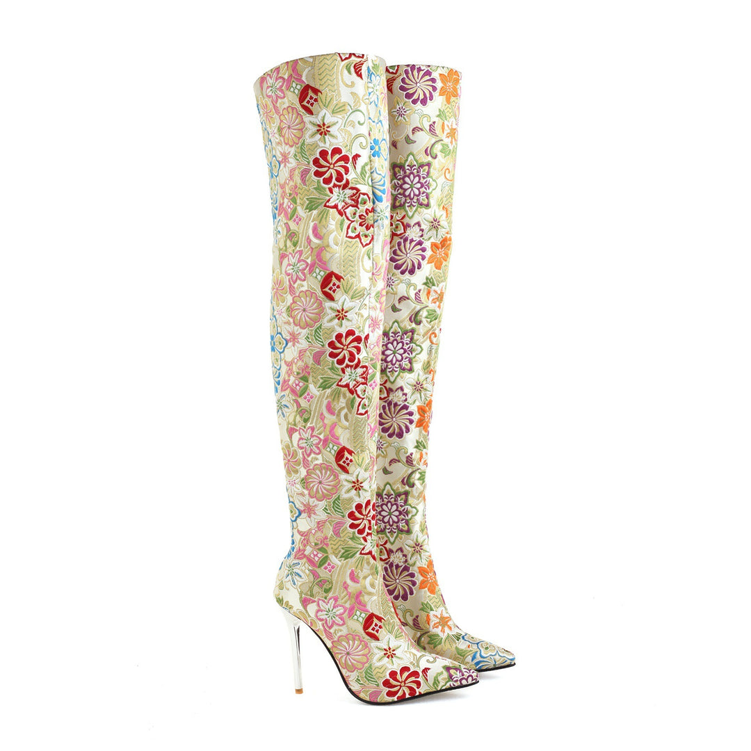 Pointed-toe Embroidered Stiletto Back Zip Over-the-knee Boots