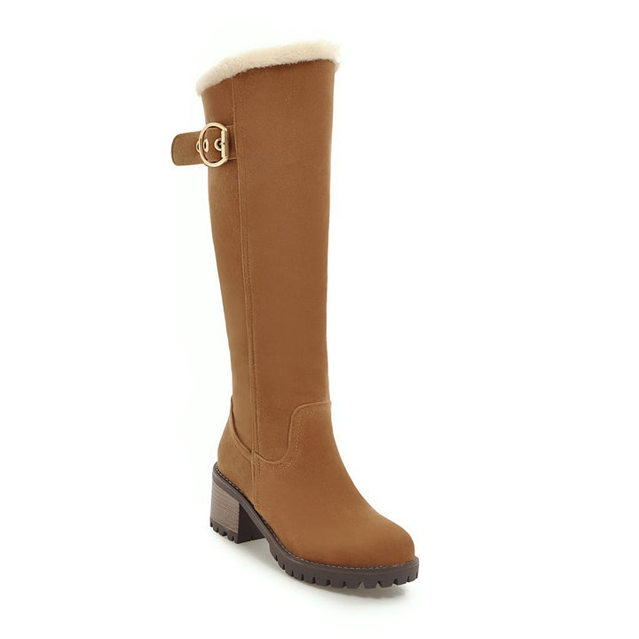 Chunky Heel Suede Buckle Zipper Warm Knee-length Boots