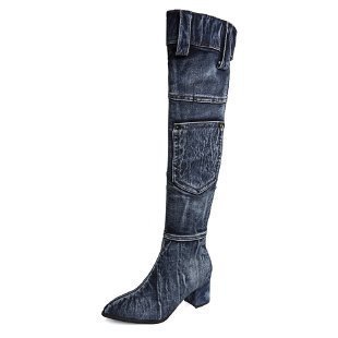 Pointed Mid Heel Denim Over Knee Boots