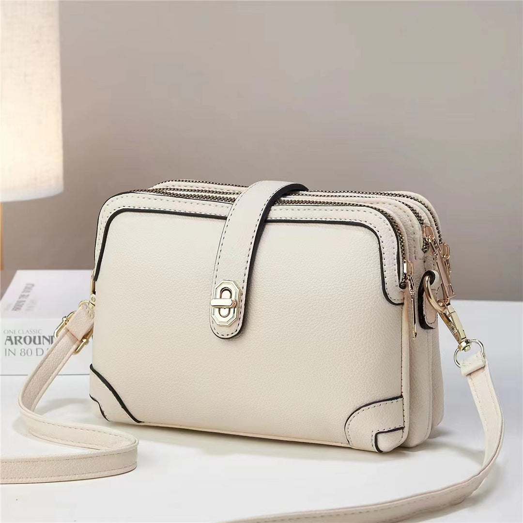 Multi-layer Lychee Pattern Simple Texture Soft Leather Western Style Multi-functional Shoulder Crossbody Small Square Bag