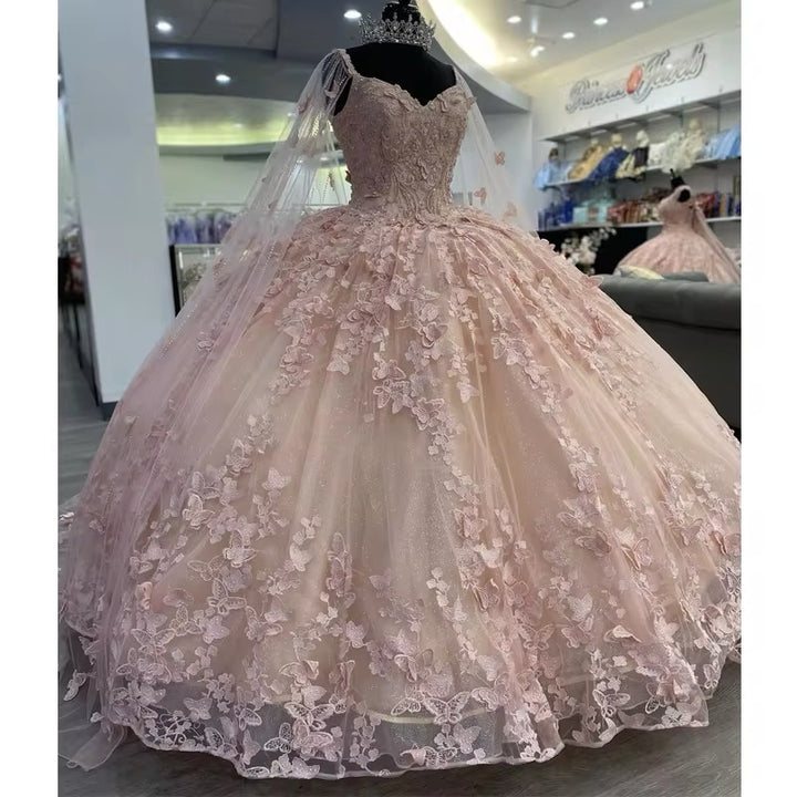 Lace Butterfies Princess Quinceanera Dress With Cape