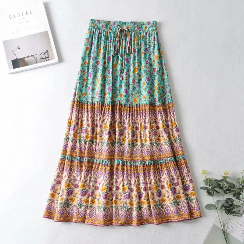 Bohemian Print Elastic High Waist  Long Skirt