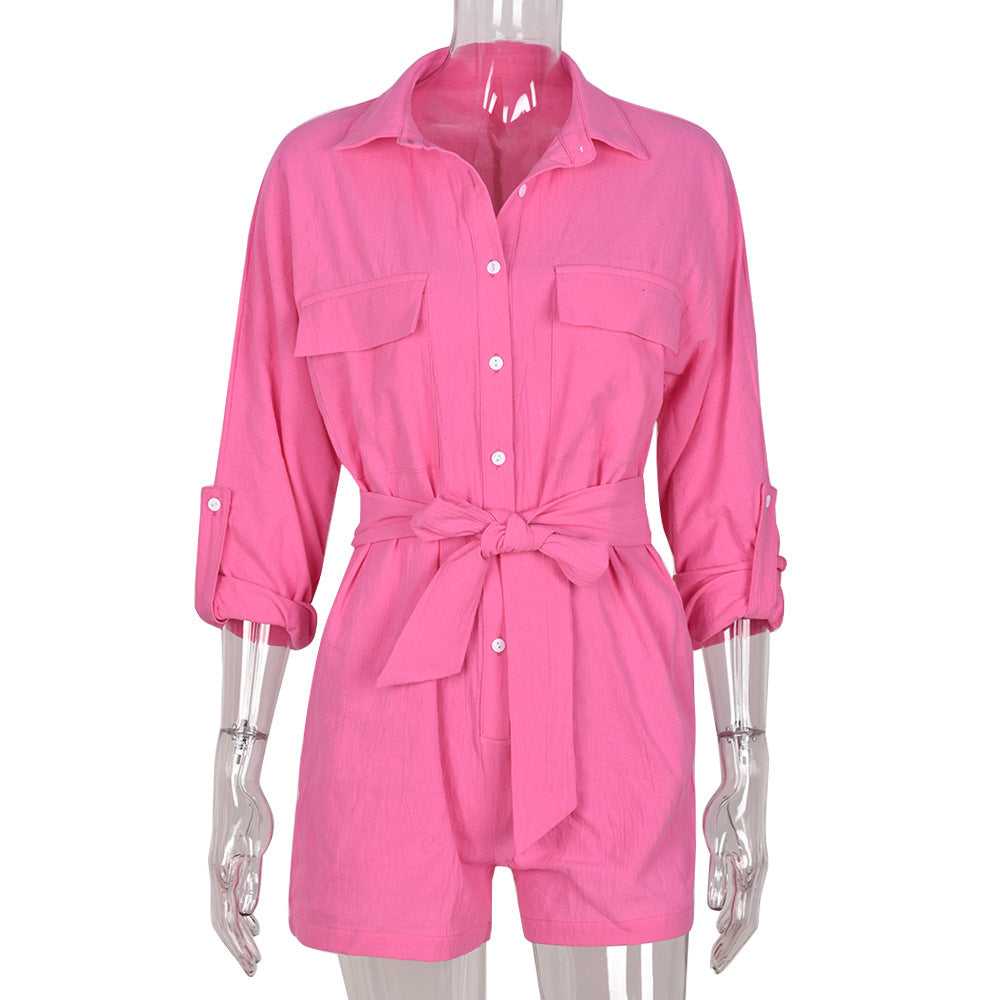 Loose Button Down Collar Belt Short Sleeve Romper