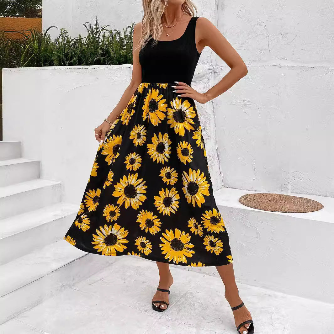 Elegant Stitching Sunflower Print Skirt