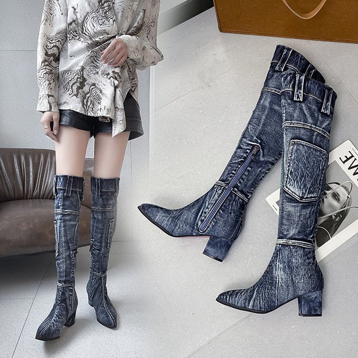 Pointed Mid Heel Denim Over Knee Boots