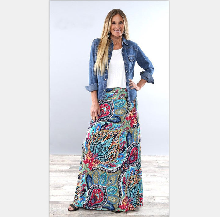 Exotic print big swing boho skirt