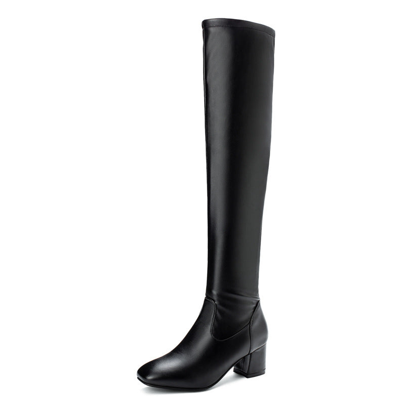 Side Zipper Round Toe Chunky Heel Over The Knee Boots