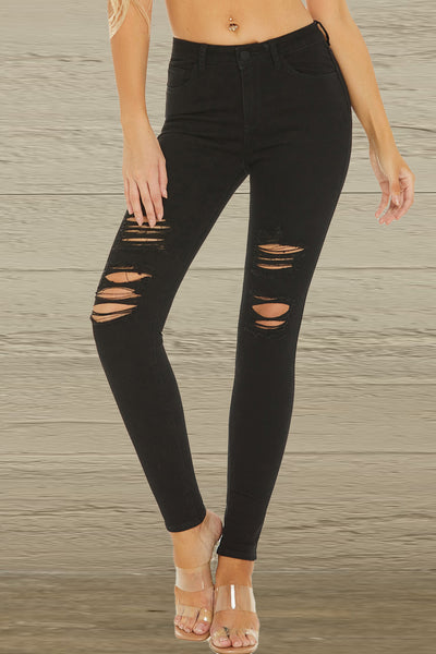 Distressed Mid-Rise Waist Jeans with Pockets