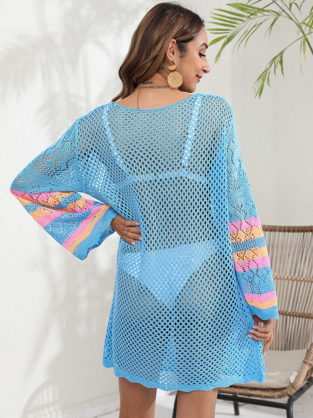 Openwork Contrast Long Sleeve Cover-Up