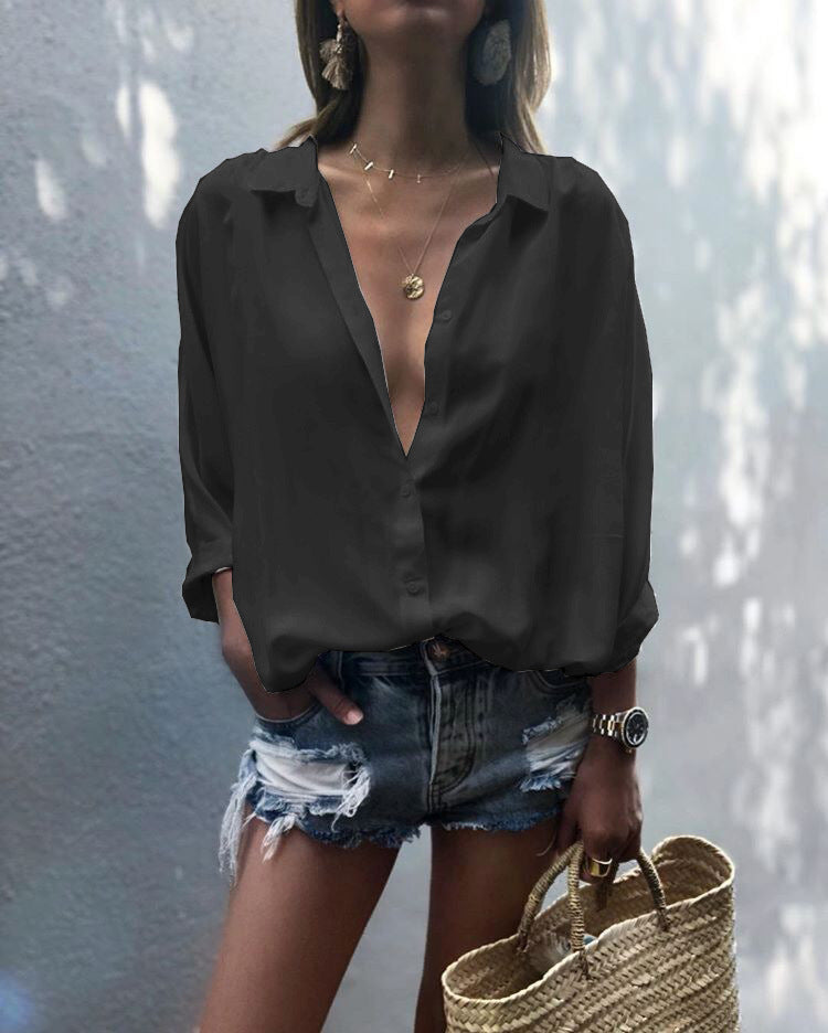 V-neck button chiffon shirt