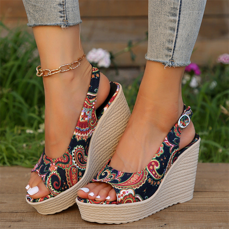 Ankle-strap Buckle Peep Toe Wedge Platform Printed Women's Sandals